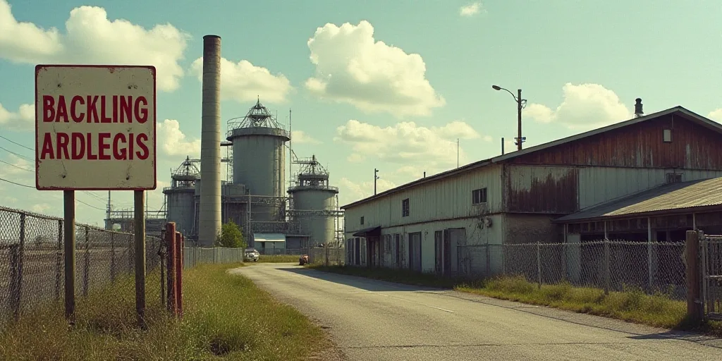 a sign that is on a fence near a building with a factory in the background and a building with a lar