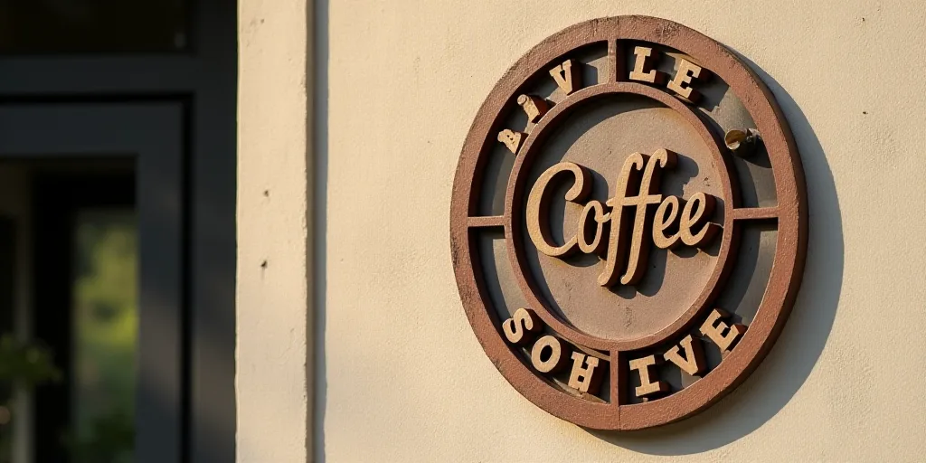 a sign that is on the side of a wall that says coffee and a circle logo on it that says coffee, Cefe