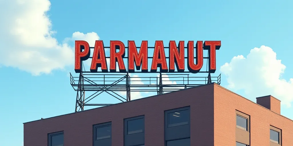 a sign that reads parmanout on top of a building with a sky background and a building with a metal s
