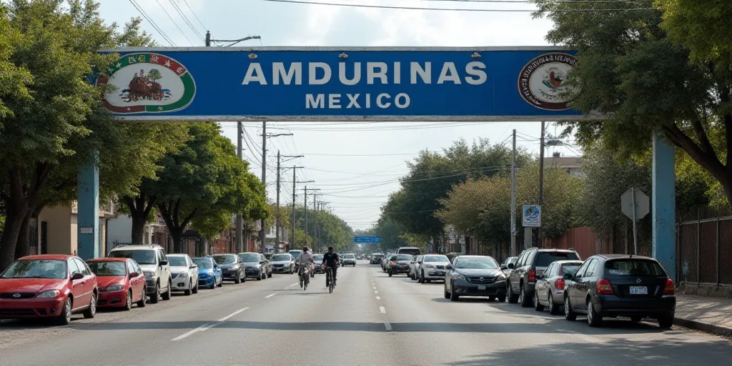 a sign that says adunana mexico above a street with cars parked in front of it and a person on a bik