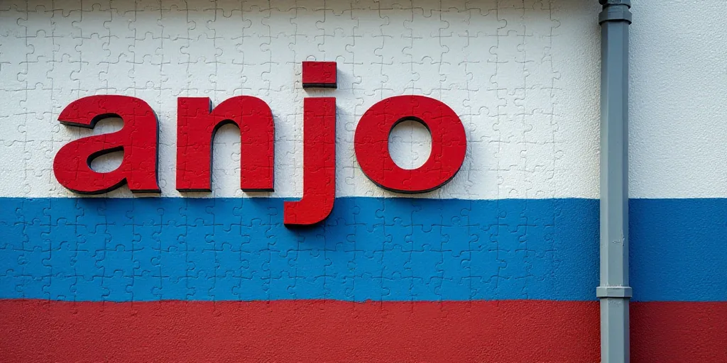 a sign that says anjo american on it's side of a building with a blue and white stripe, Anthony Anga