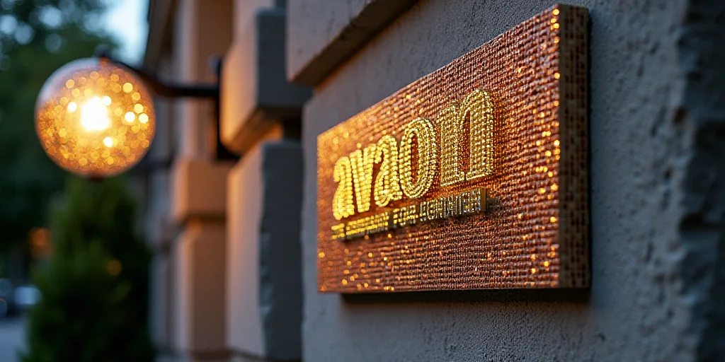 a sign that says avaon the company for women on a building wall with lights on it and a circular lig