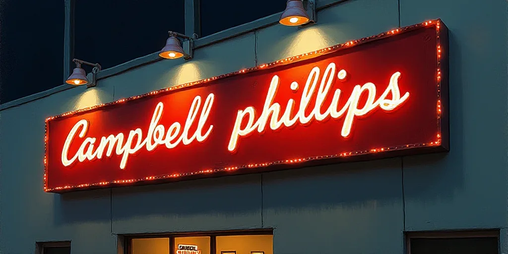 a sign that says campbell phillips on it's side of a building with lights on the ceiling and a wall,
