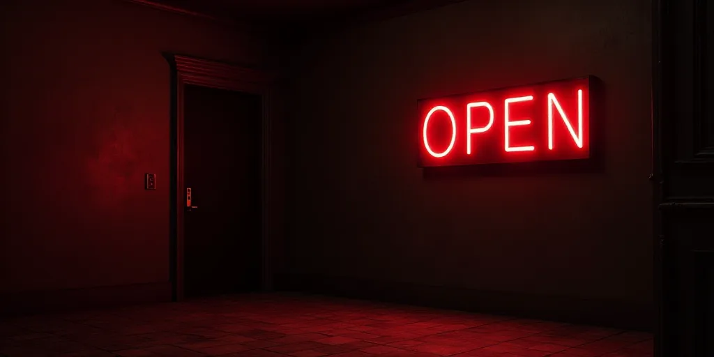 a sign that says open bank on it's side of a wall in a dark room with a red light, Adriaen Isenbrant