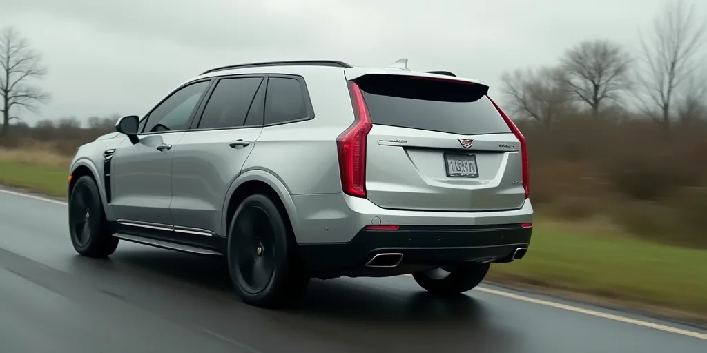 a silver cadillac suv driving down a road next to trees and grass on a cloudy day with a blurry back