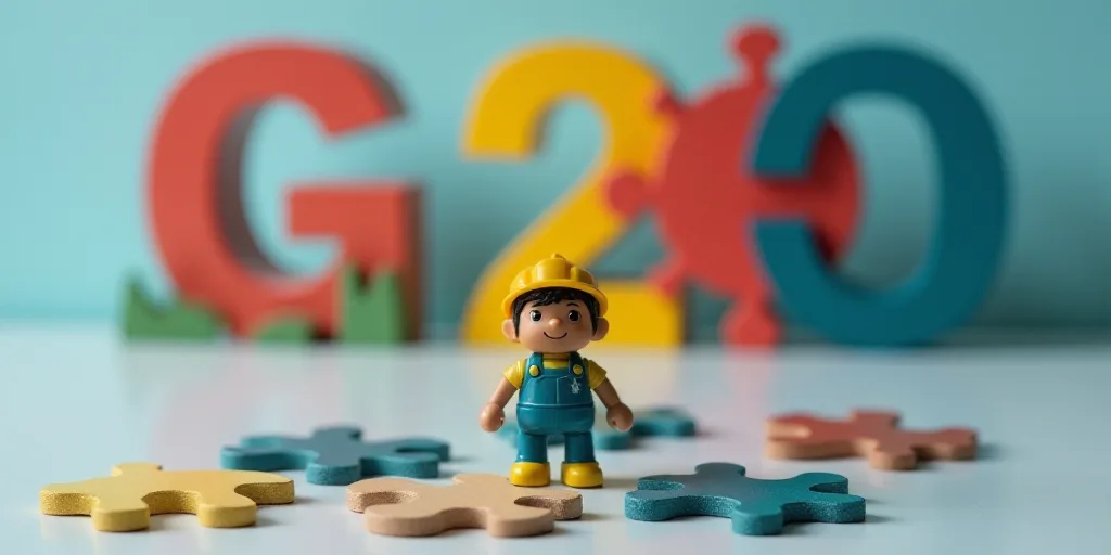 a small toy is standing in front of a g20 sign and a logo behind it that says g20, Ahmed Yacoubi, oi