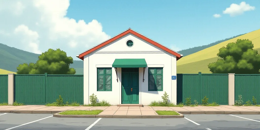 a small white building with a green awning on the front of it and a fence surrounding it and a parki