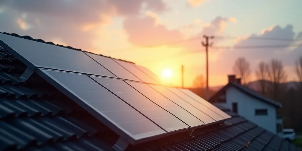 a solar panel on a roof with the sun shining behind it and a building in the background with a roof