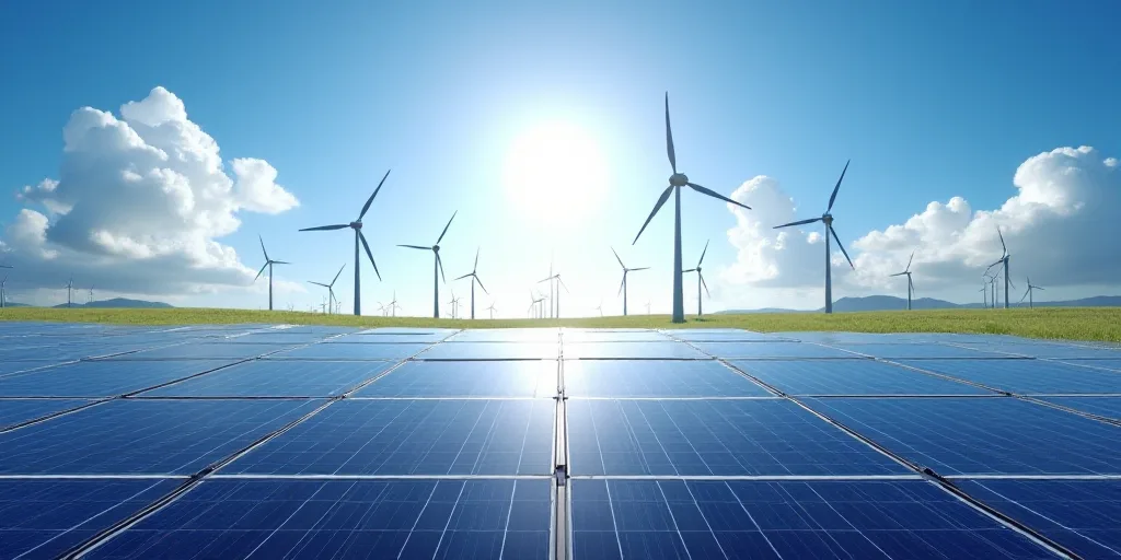 a solar panel with wind turbines in the background and a blue sky with clouds in the background with