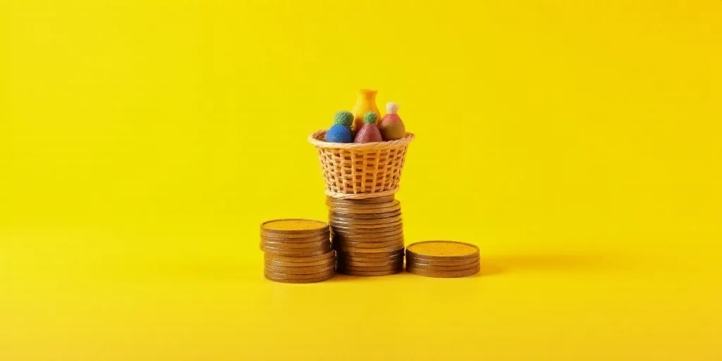 a stack of coins with a basket of items on top of it and a yellow background behind it with a yellow