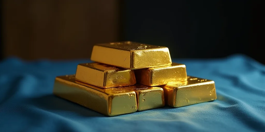 a stack of gold bars sitting on top of each other on a table top with a blue cloth underneath, Const