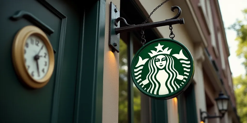 a starbucks sign hanging from the side of a building with a window in the background and a clock in