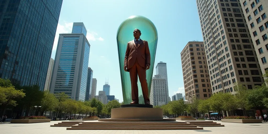 a statue in the middle of a city with skyscrapers in the background and a glass dome on top, David A