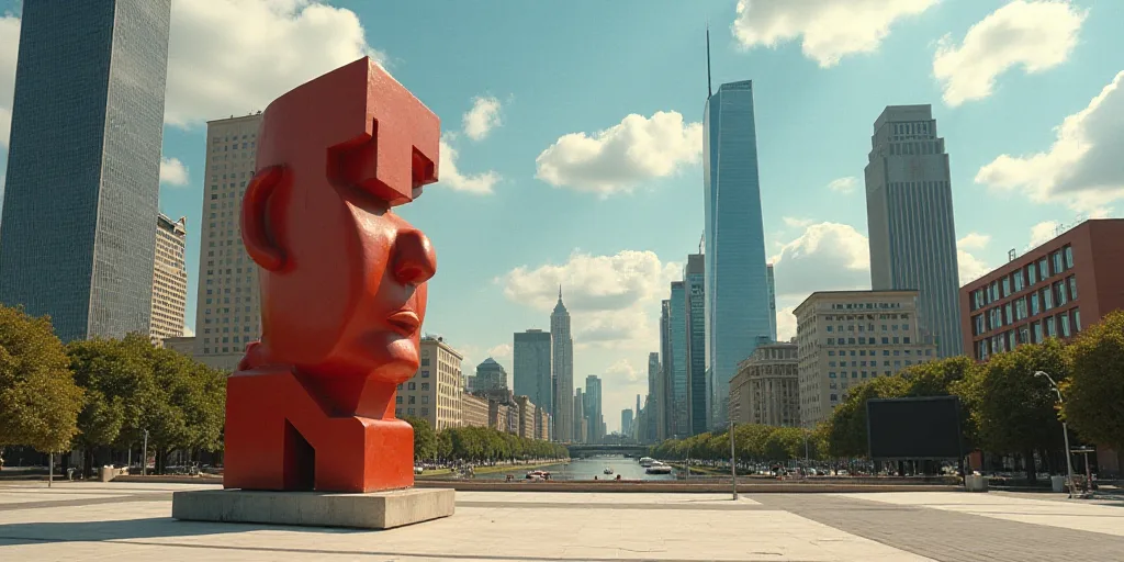 a statue in the middle of a city with skyscrapers in the background and a tv screen on the wall, Dav