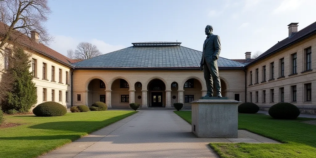 a statue of a man in front of a building with a skylight on top of it's roof, Carl Gustaf Pilo, fron