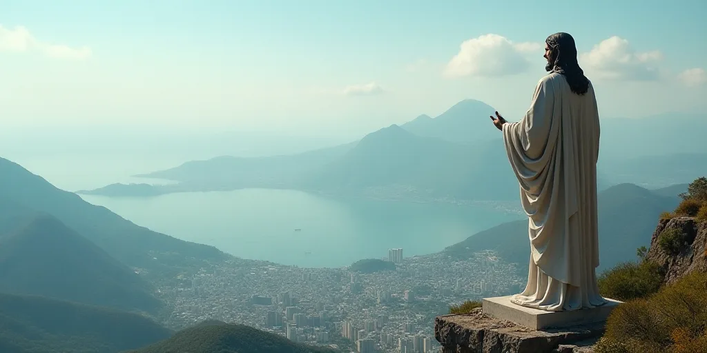 a statue of jesus overlooking a city and a body of water in the distance with a mountain in the back