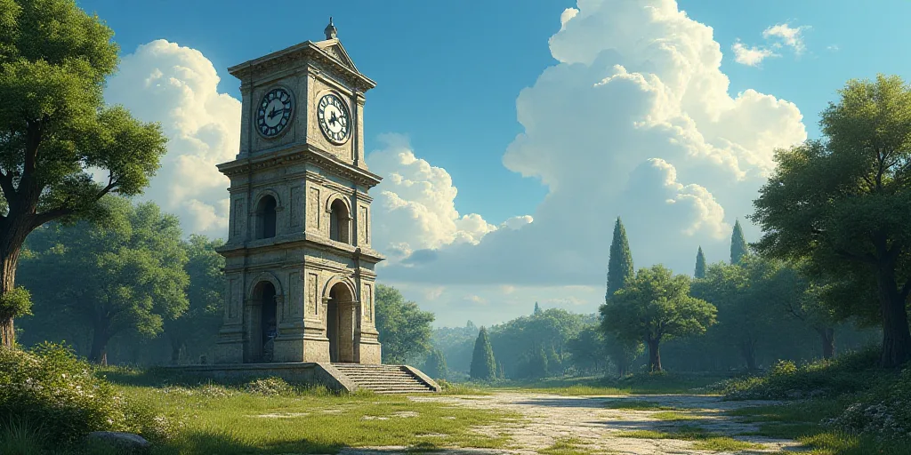 a stone structure with a clock on top of it in a park with trees and bushes around it and a blue sky
