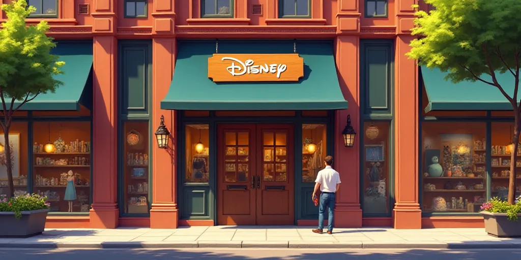 a store front with a man standing in front of it and a disney store sign above the door that says,,