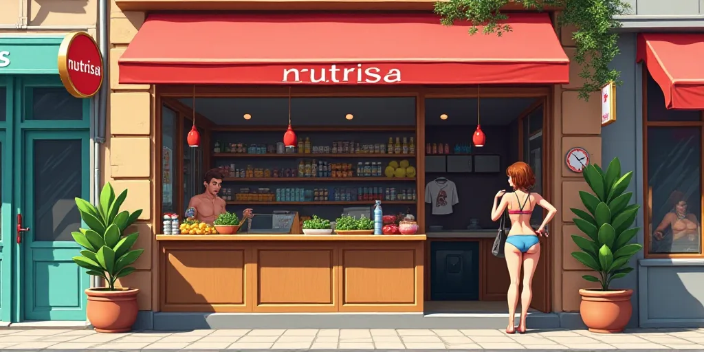 a store front with a sign that says nutrisa on it's side and a woman in a bikini behind the counter,