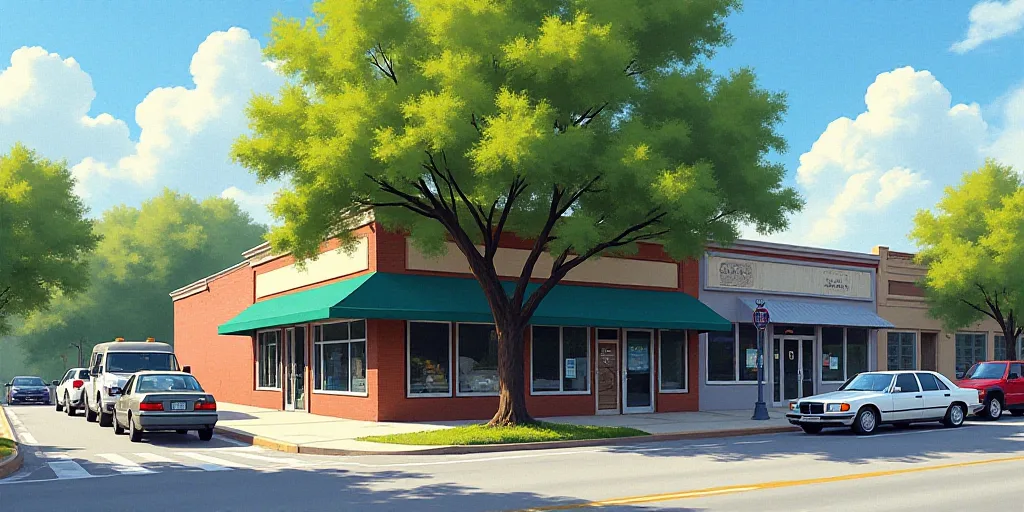 a store front with a tree in front of it and a few cars parked outside of it on a sunny day, Arlingt