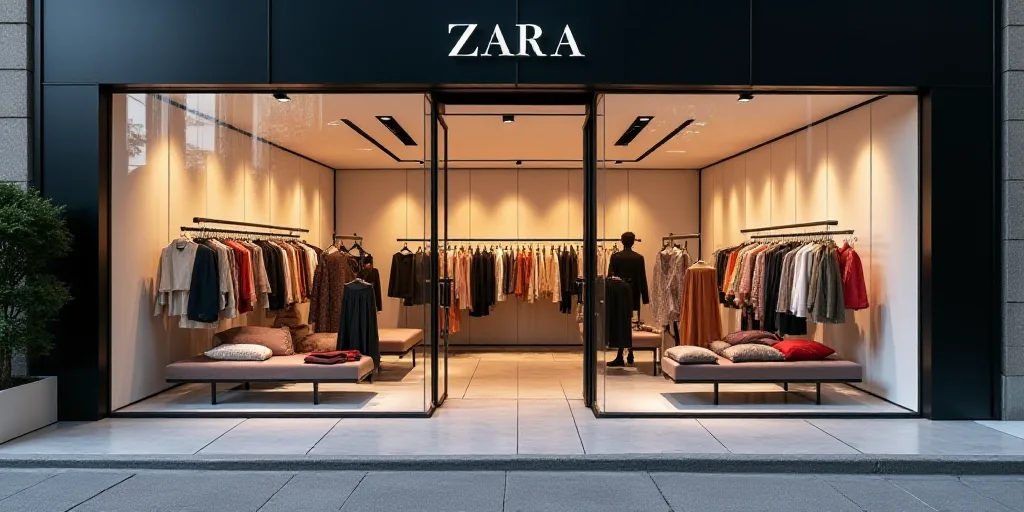 a store with a lot of clothes on display in it's storefront window and a sign that says zara, Avgust