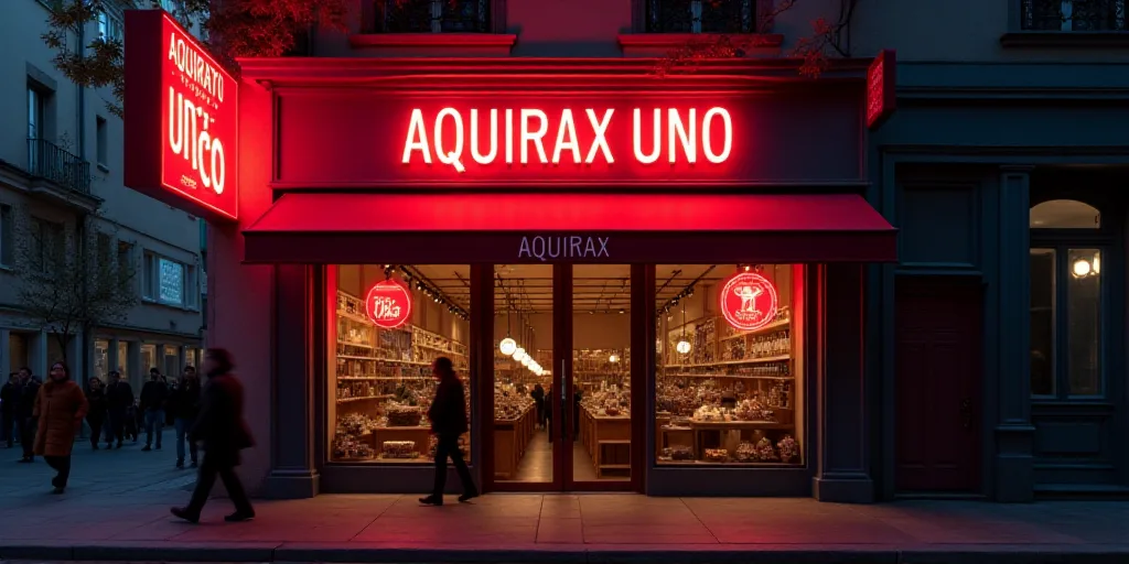 a storefront with a neon sign above it and people walking by it in the background and a red neon sig