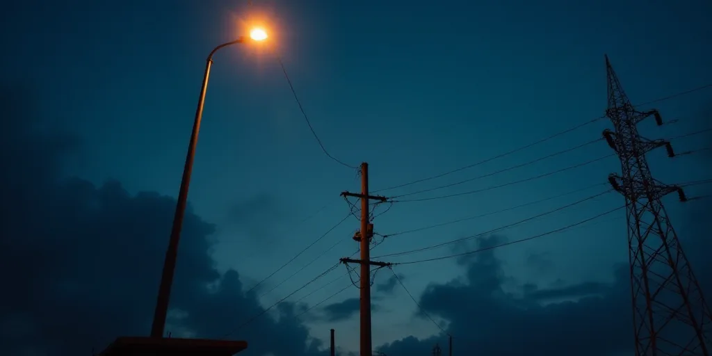 a street light and some power lines at night time with a sky background and a street light in the fo