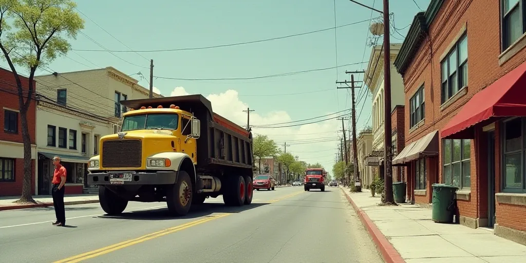 a street scene with a truck and a dump truck on the road and a man standing on the sidewalk, Elbridg