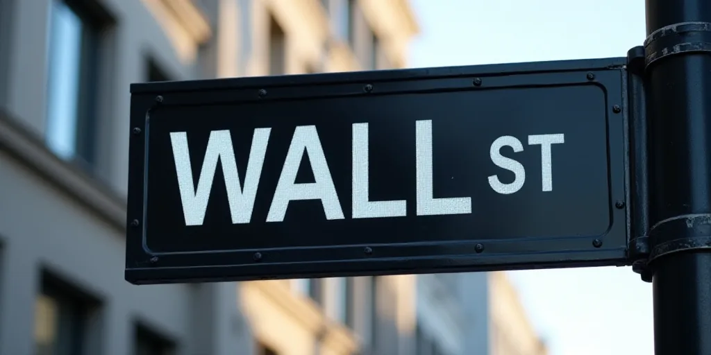 a street sign that is on a pole with a black background and white lettering on it that says wall st,
