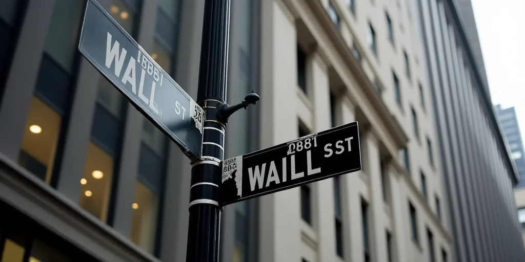 a street sign that is on the side of a building that says wall street and new york stock exchange, A