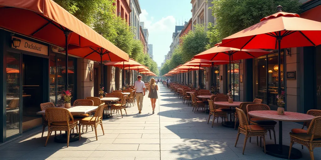 a street with tables and chairs and umbrellas on the side of it and people walking by the sidewalk,