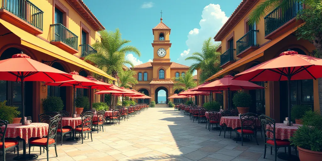 a street with tables and umbrellas on both sides of it and a building with a clock tower in the back