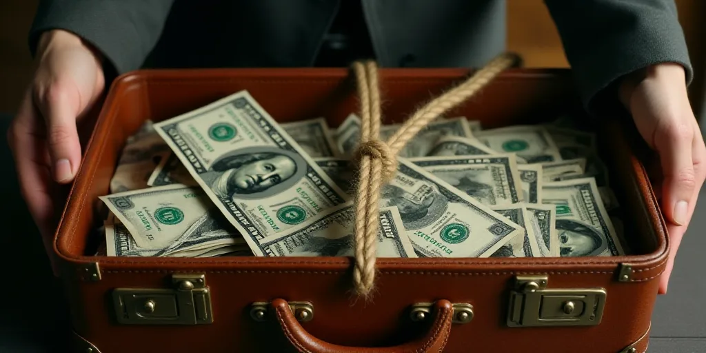 a suitcase with money tied to a rope with a rope holding it in it and a person holding a wallet, Cha