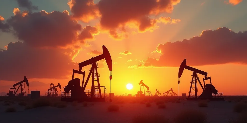 a sunset view of oil pumps in the desert with a sky background and clouds in the background, with a