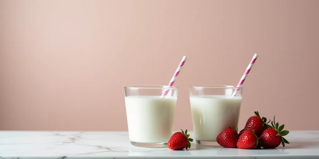a table topped with two cups of milk and strawberries next to a cup of milk and a straw, Claire Dalb