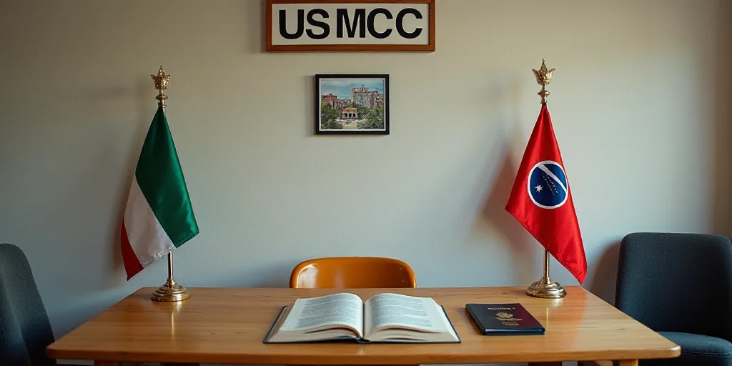 a table with a book, passport, and flags on it and a wall with a sign that says usmcc, Aquirax Uno,