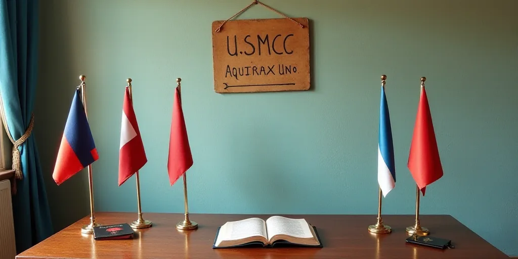 a table with a book, passport, and flags on it and a wall with a sign that says usmcc, Aquirax Uno,