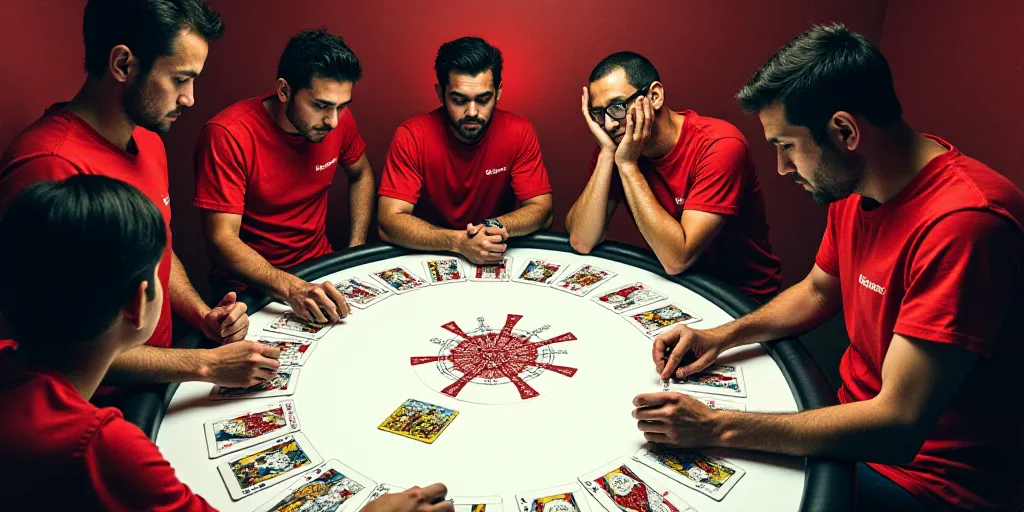 a table with a lot of cards on it and people standing around it with red shirts on them and a white