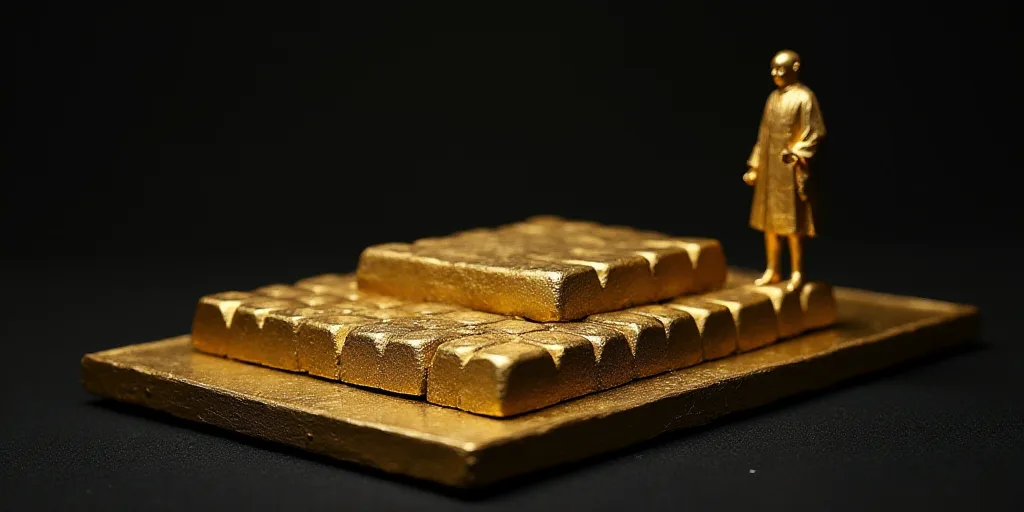 a table with gold bars on it and a person standing next to them on the table with a black surface, C