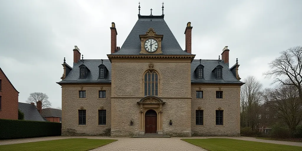 a tall building with a clock on the top of it's face and a door in the middle of the building, Engue