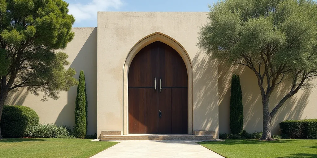 a tall building with a large arched doorway in front of it's entrance and a tree in the background,