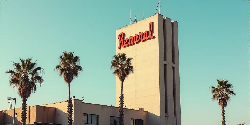 a tall building with a sign on top of it's side and palm trees in front of it, Carles Delclaux Is, o