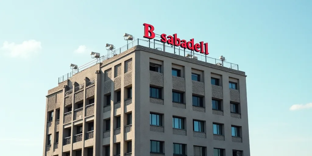 a tall building with a sign on top of it that says b sabadelll on it's side, Carles Delclaux Is, beh