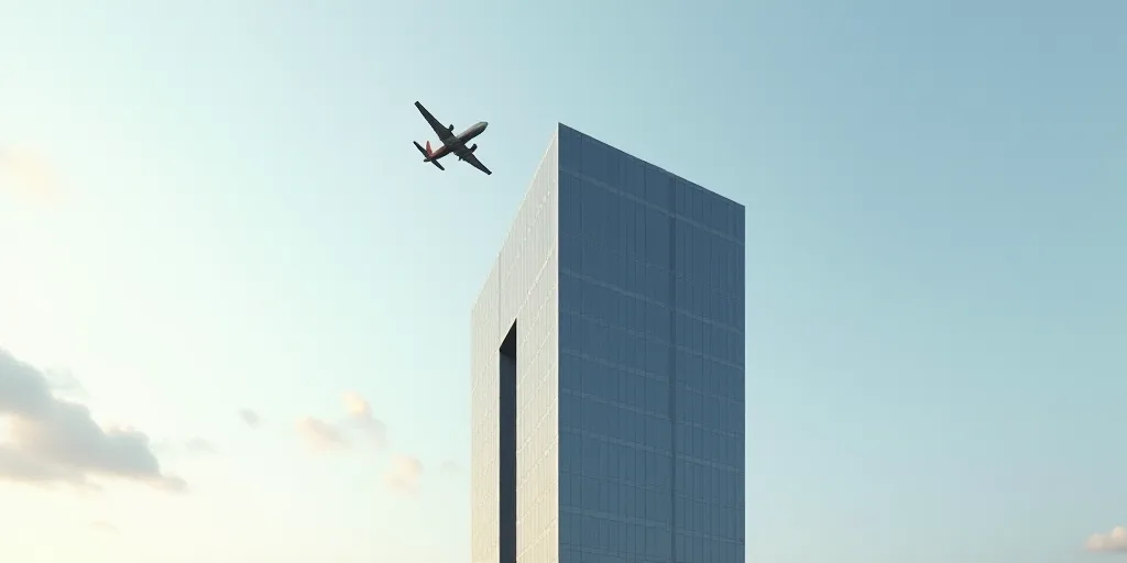 a tall building with a sky background and a plane flying by it's side in the air above it, Enguerran