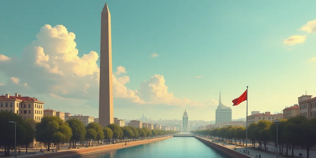a tall obelisk in a city with a flag flying in the wind and a building in the background, Emiliano P