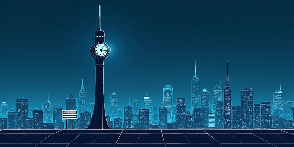 a tall tower with a clock on top of it next to a city skyline with blue lights and a white sign, Die