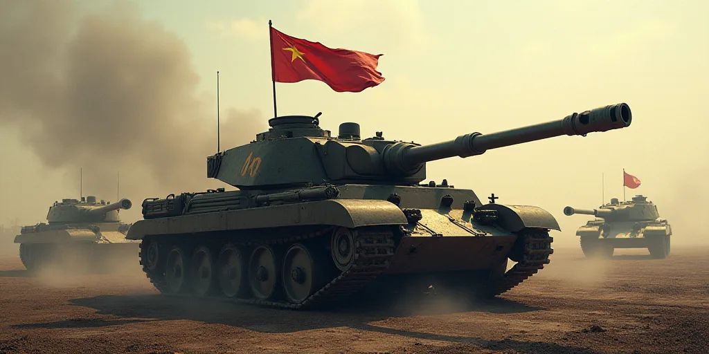 a tank with a flag on top of it in a dirty area with other tanks in the background and smoke coming