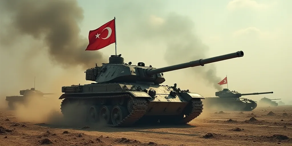 a tank with a flag on top of it in a dirty area with other tanks in the background and smoke coming