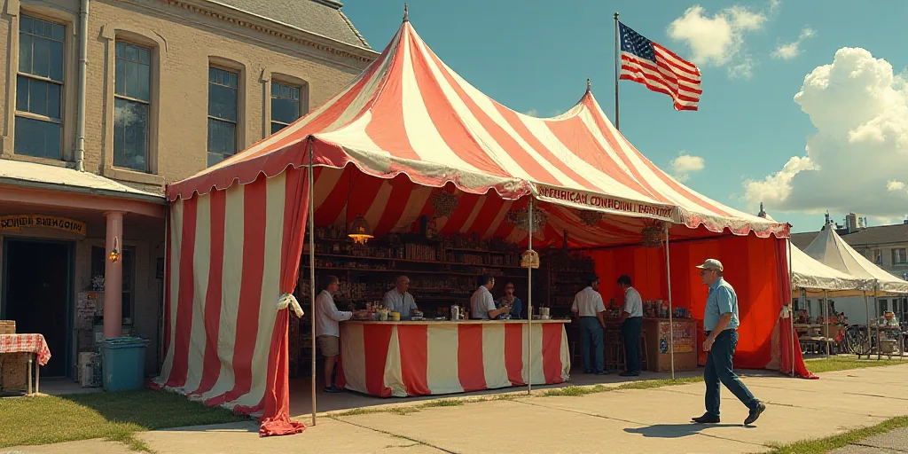 a tent with a sign that says american confection on it and a man walking by it in front of a buildin