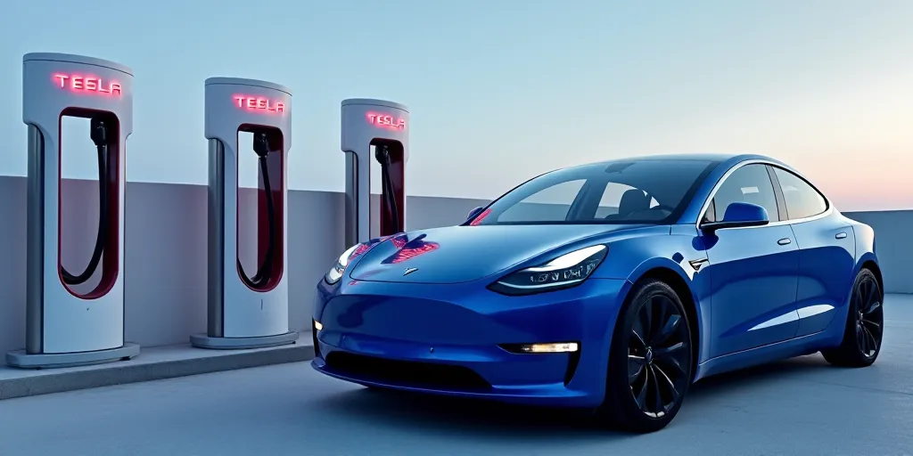 a tesla charging station with a blue tesla car in the background and a blue tesla car in the foregro